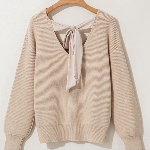 Apricot Lantern Sleeve V Neck Satin Bow Back Sweater - Picture 3 of 5